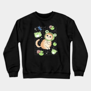 Adorable Kawaii Frog Meets Cat: 90s Nostalgia with Toad Hats & Cottagecore Aesthetics Crewneck Sweatshirt